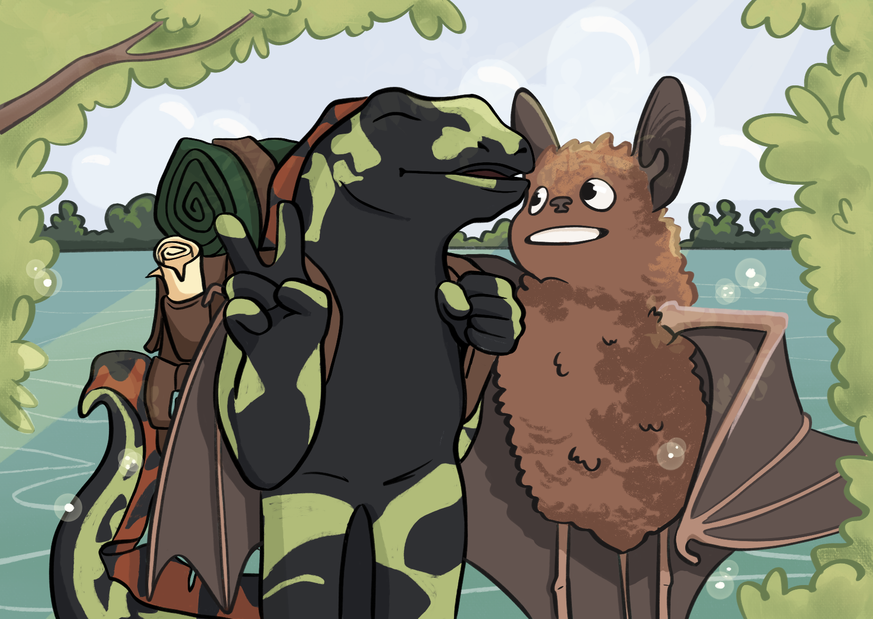 Carte_postale Illustration d'un triton marbré avec un sac à dos à coté d'une pipistrelle (chauve souris). Les deux personnages sourient pour la photo