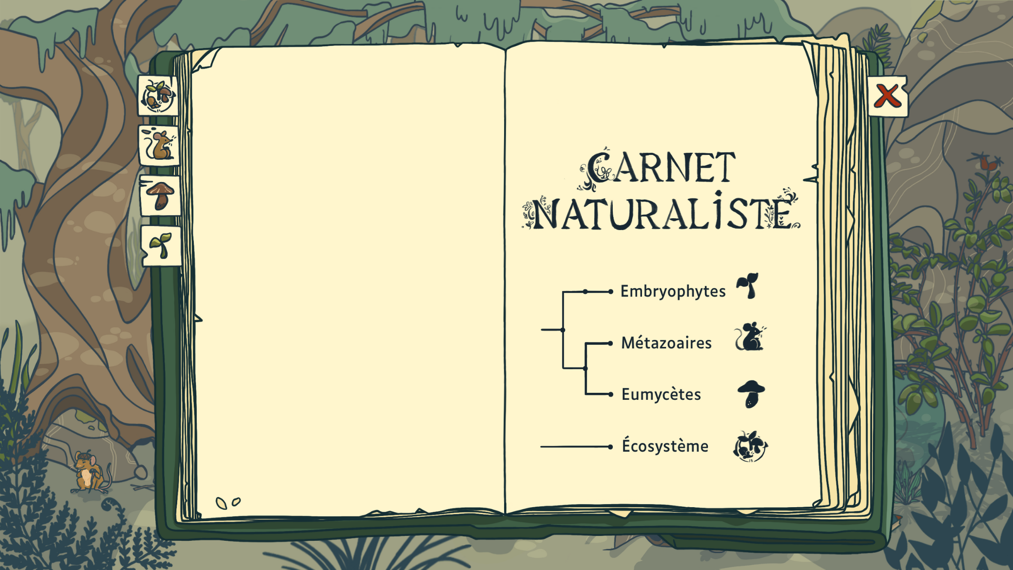 Première page du carnet naturaliste avec la légende des 4 parties du carnet : - Embryophyte - Métazoaire - Eumycète - Ecosystème