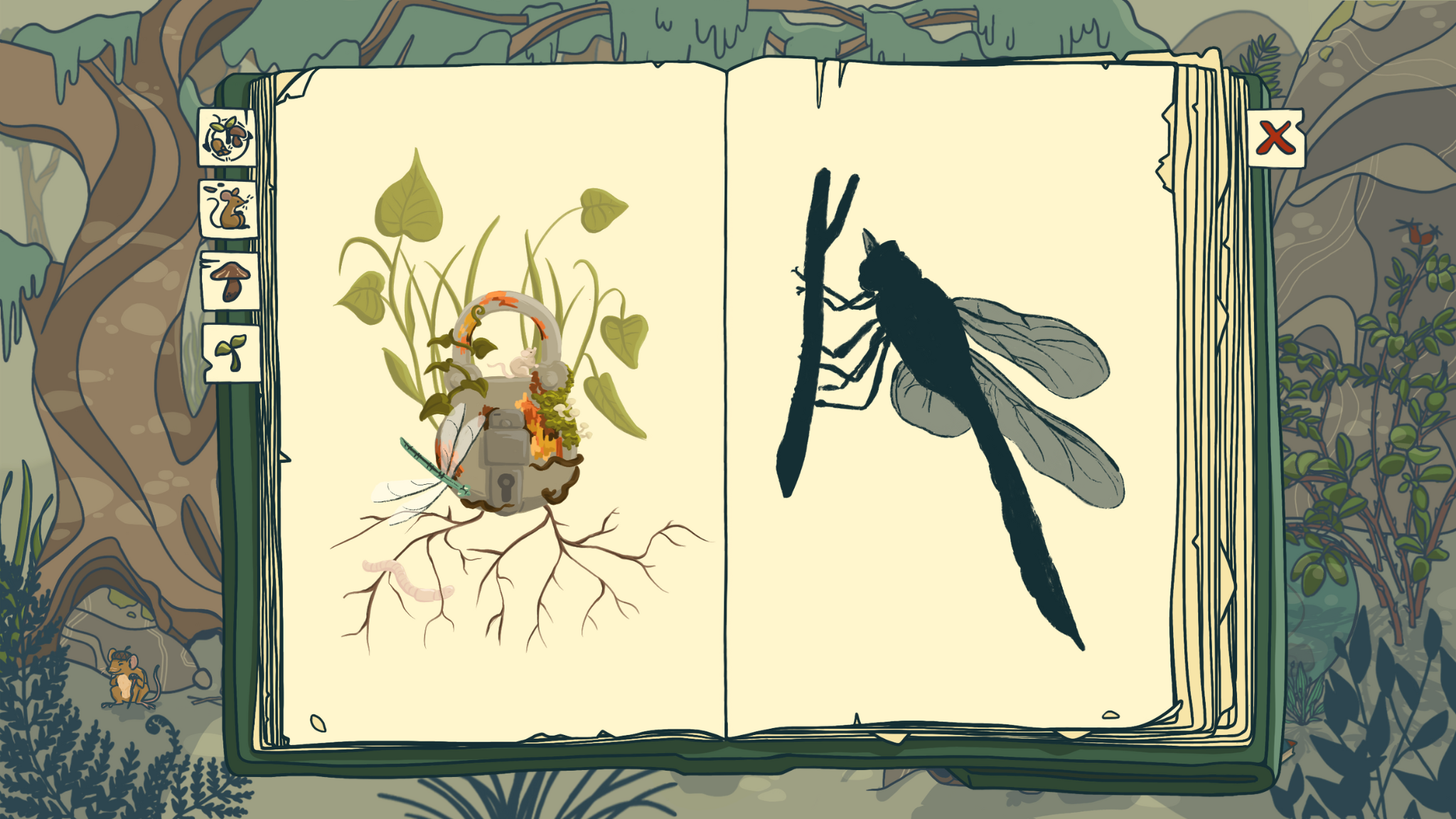 Première page du carnet naturaliste avec la légende des 4 parties du carnet : - Embryophyte - Métazoaire - Eumycète - Ecosystème