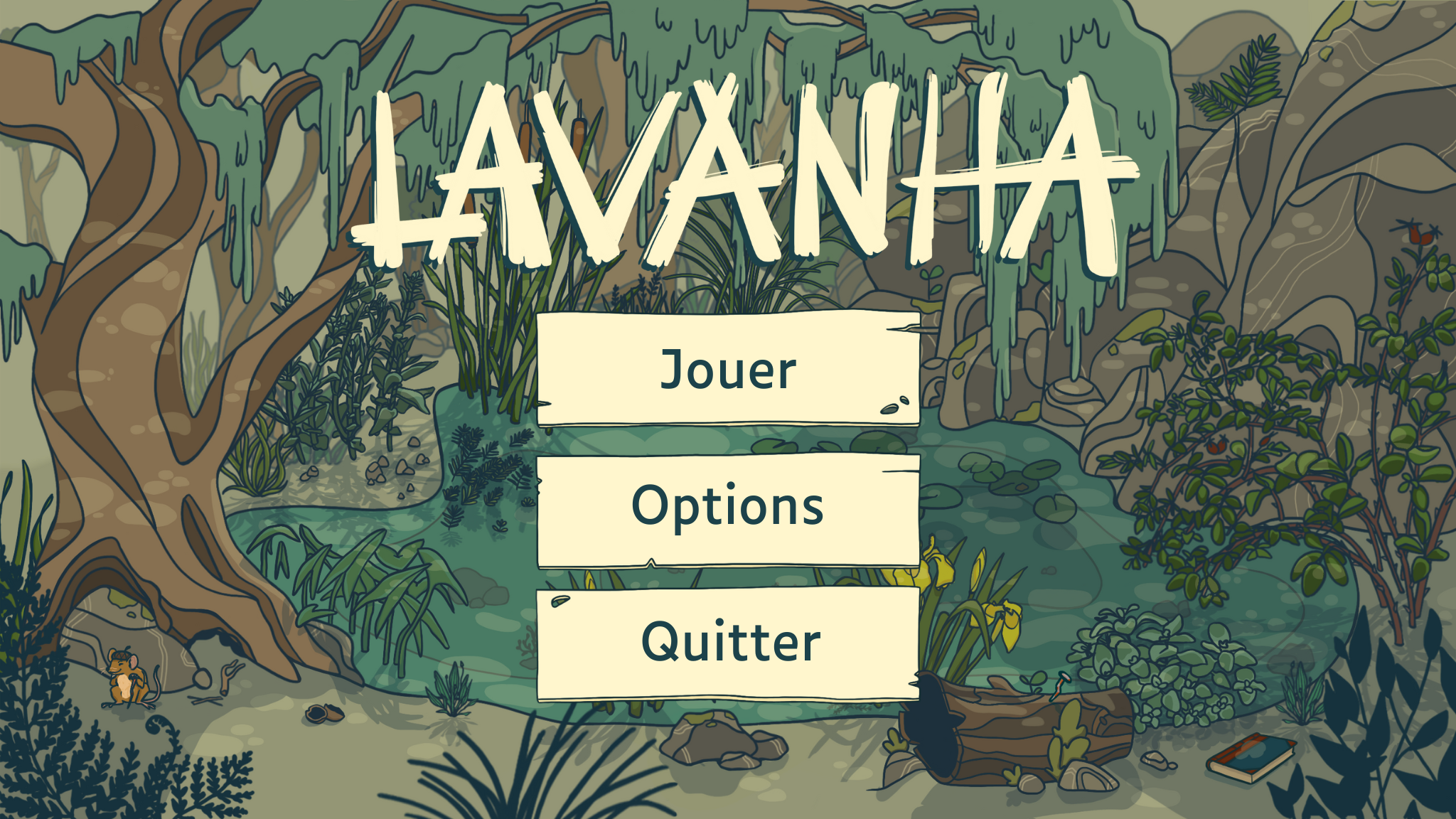 Ecran d'accueil du jeu vidéo Lavanha. 3 boutons (Jouer, Options, Quitter). En fond on voit une mare.